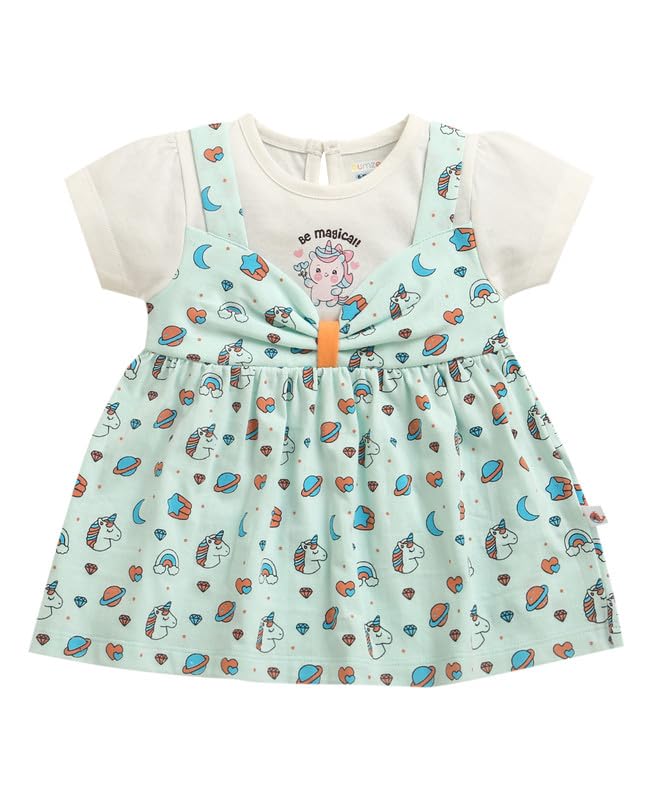 BUMZEE Baby Girls Cotton Round Neck Half Sleeves Animal Print Above Knee Length Frock/Dress Aqua Blue - 12-18 Months (Peb11192D-