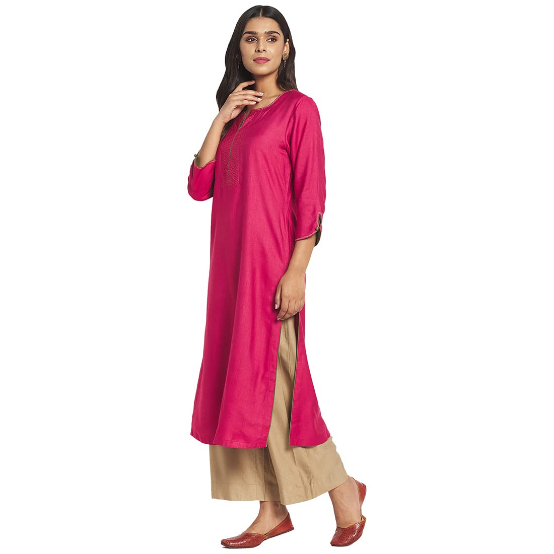Fabindia Women Viscose Silk Embroidered Long Kurta Pink