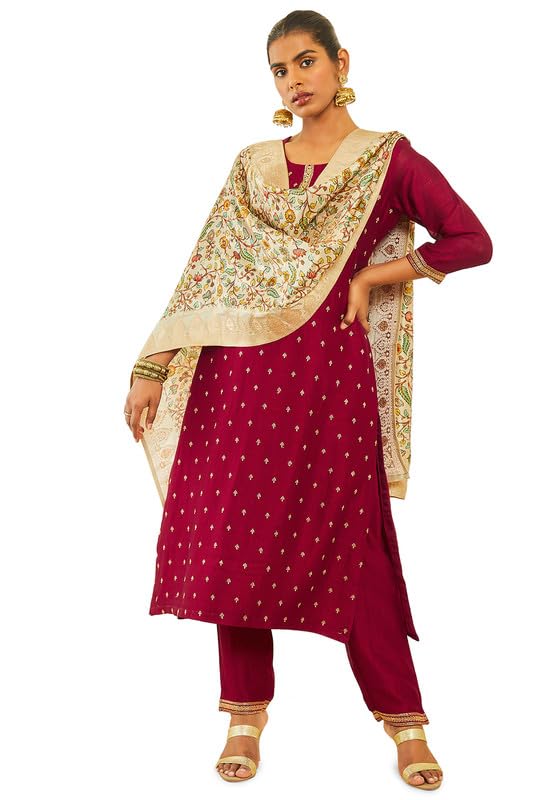 Soch Women Silk Blend Embroidered Suit Set with Zari Woven Dupatta