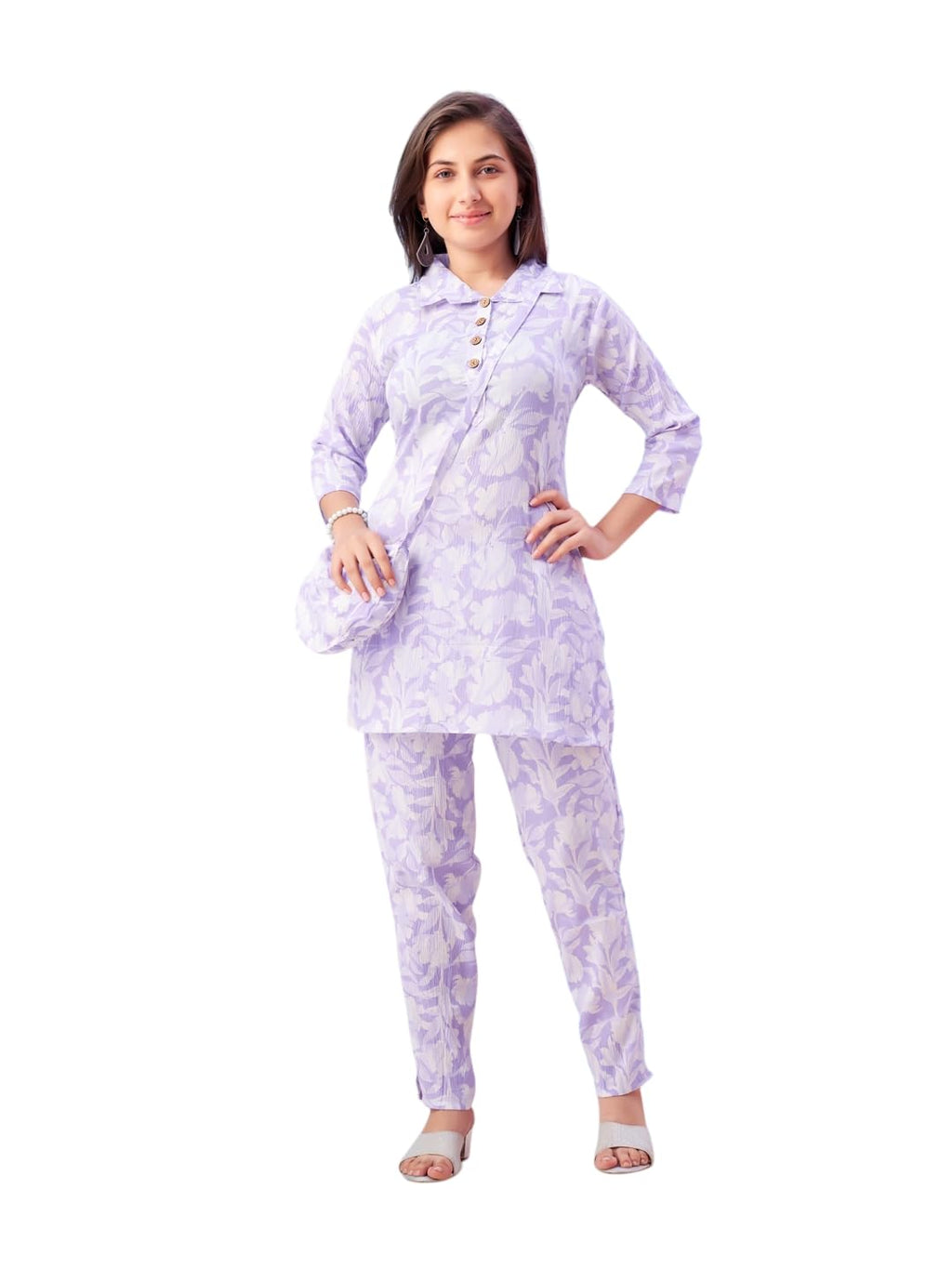 Aarika Girls Casual Wear Light Purple Colour Floral Print Polyester Co-ord Set-8-15 Years (KP-TR-K-951)