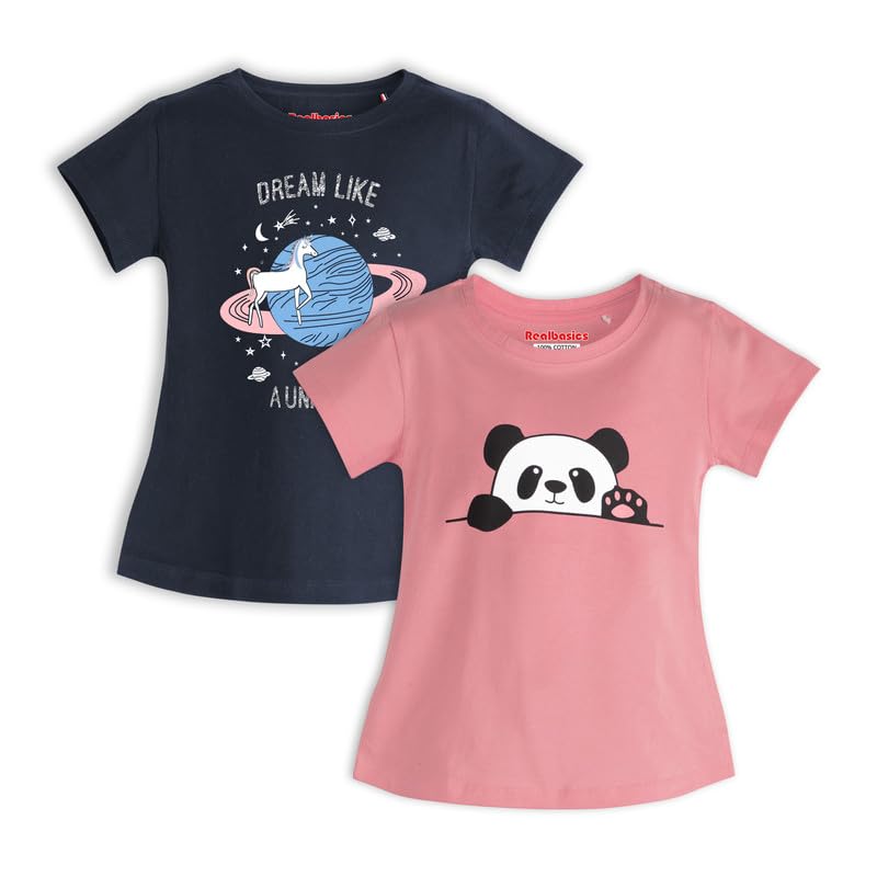 Real Basics Cotton Regular Fit Half Sleeve Cotton TShirts For Girls Pack Of 2 (RbGHtopP21314Hi5_Satrn) 13-14