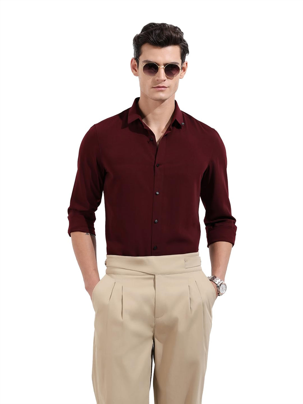 The Indian Garage Co Mens Slim Fit Solid Cutaway Collar Long Sleeves Party Shirt