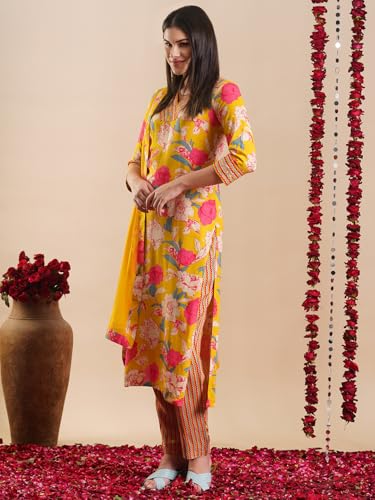 ANNI DESIGNER Womens Rayon Blend Straight Printed Kurta with Pant & Dupatta (GANITA MUSTARD-VKS01_XL_Mustard_X-Large)