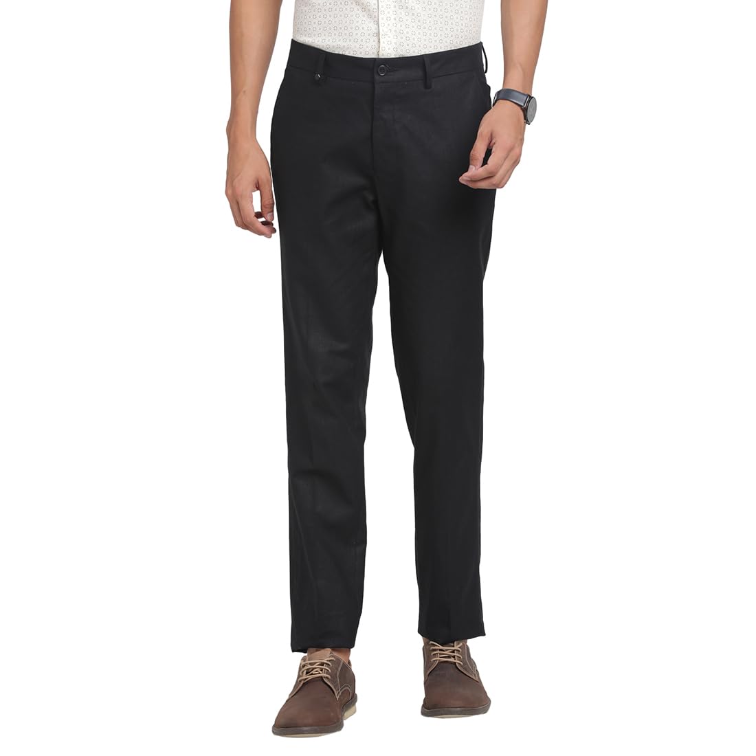 Turtle Men Cotton Linen Black Solid Slim Fit Formal Trouser