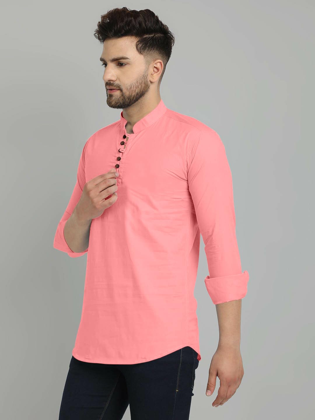 ROYALSCOUT Mens Cotton Blend Full Sleeve Short Kurta with Mandarin Collar Peach