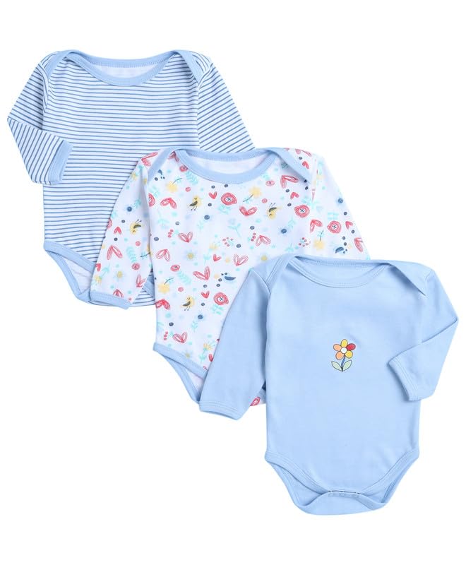 BUMZEE Sky Blue & White Baby Girls Full Sleeves Cotton Bodysuit/Onesies Pack Of 3 Age - New Born (Peb9947A-sbl.wht)