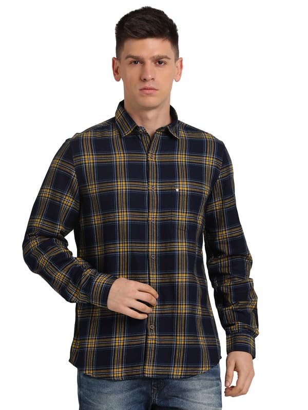 Turtle Men 100% Cotton Indigo Slim Fit Regular Fitvy & Yellow Check Full Sleeve Casual Shirt