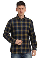 Turtle Men 100% Cotton Indigo Slim Fit Regular Fitvy & Yellow Check Full Sleeve Casual Shirt