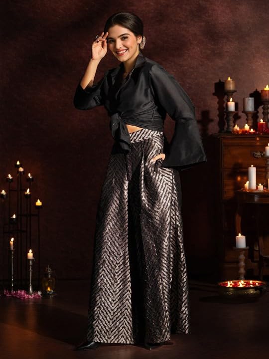 Ishin WomenS Black & Gold Festive Crop Knot Top With Flared Brocade Trousers