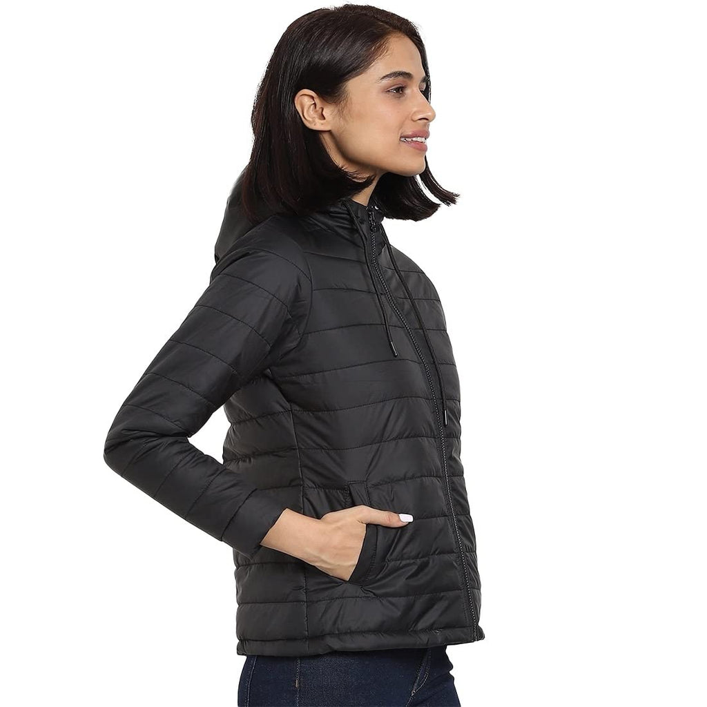 Bewakoof Womens Solid Relaxed Fit Full Sleeve Hooded Nylon Plus Size Puffer Jacket