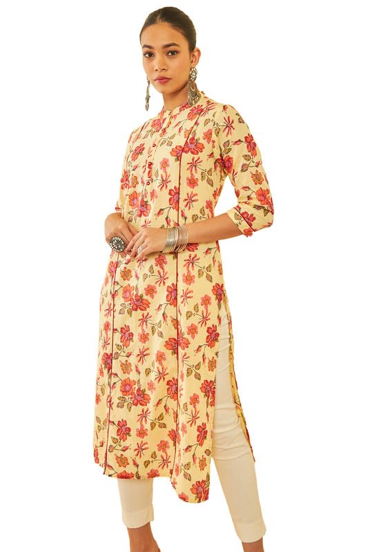 Soch Womens Light Yellow Cotton Floral Printed Band Collar Kurta With Zari