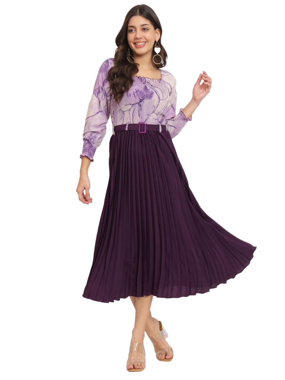 KZULLY Womens Knee-Length A-Line Dress with Pleats, Has an Square Neck, Printed Top Comes with A Belt Purple