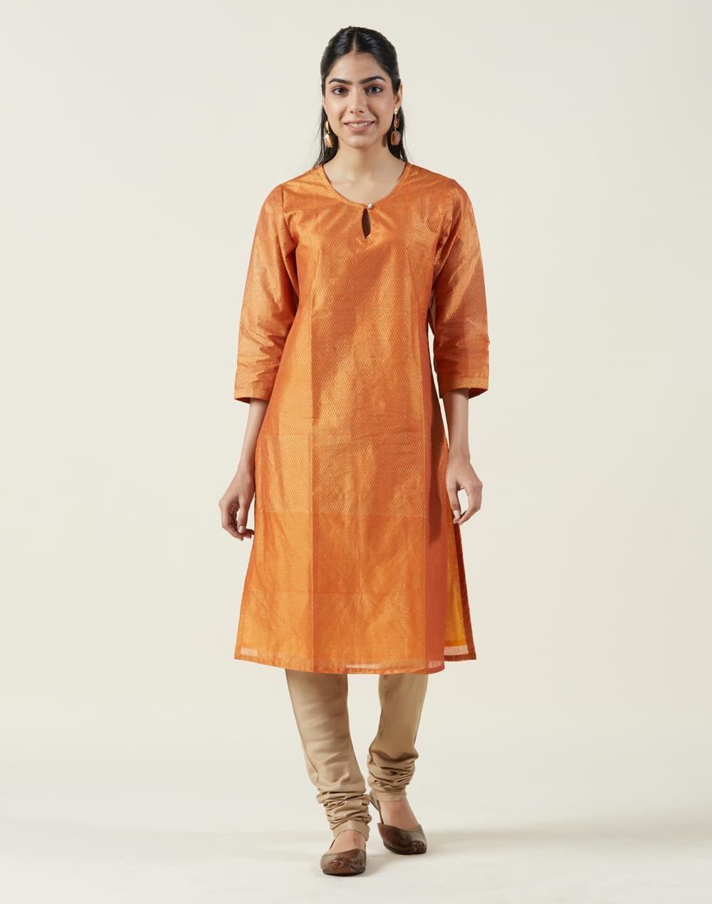 Fabindia Womens Silk Printed Regular Kurta (1009227MULTI_Orange