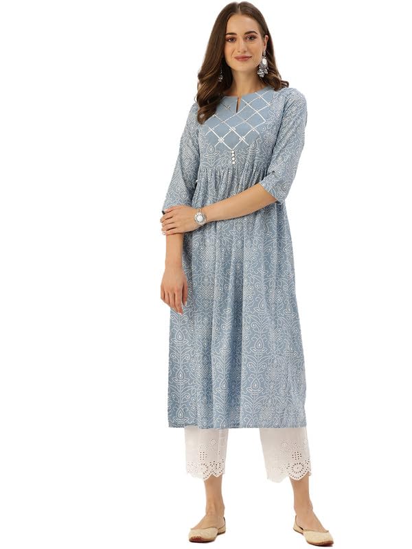 Varanga Women'S Blue & White Floral Printed A-Line Kurta | Comfortable Cotton Fabric | Stylish Ethnic Wear (Medium)