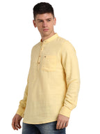 Turtle Men 100% Cotton Yellow Solid Slim Fit Casual Kurta Shirt
