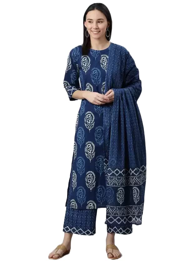 KLOSIA Women Indigo Block Printed Kurta Set with Dupatta (Small)