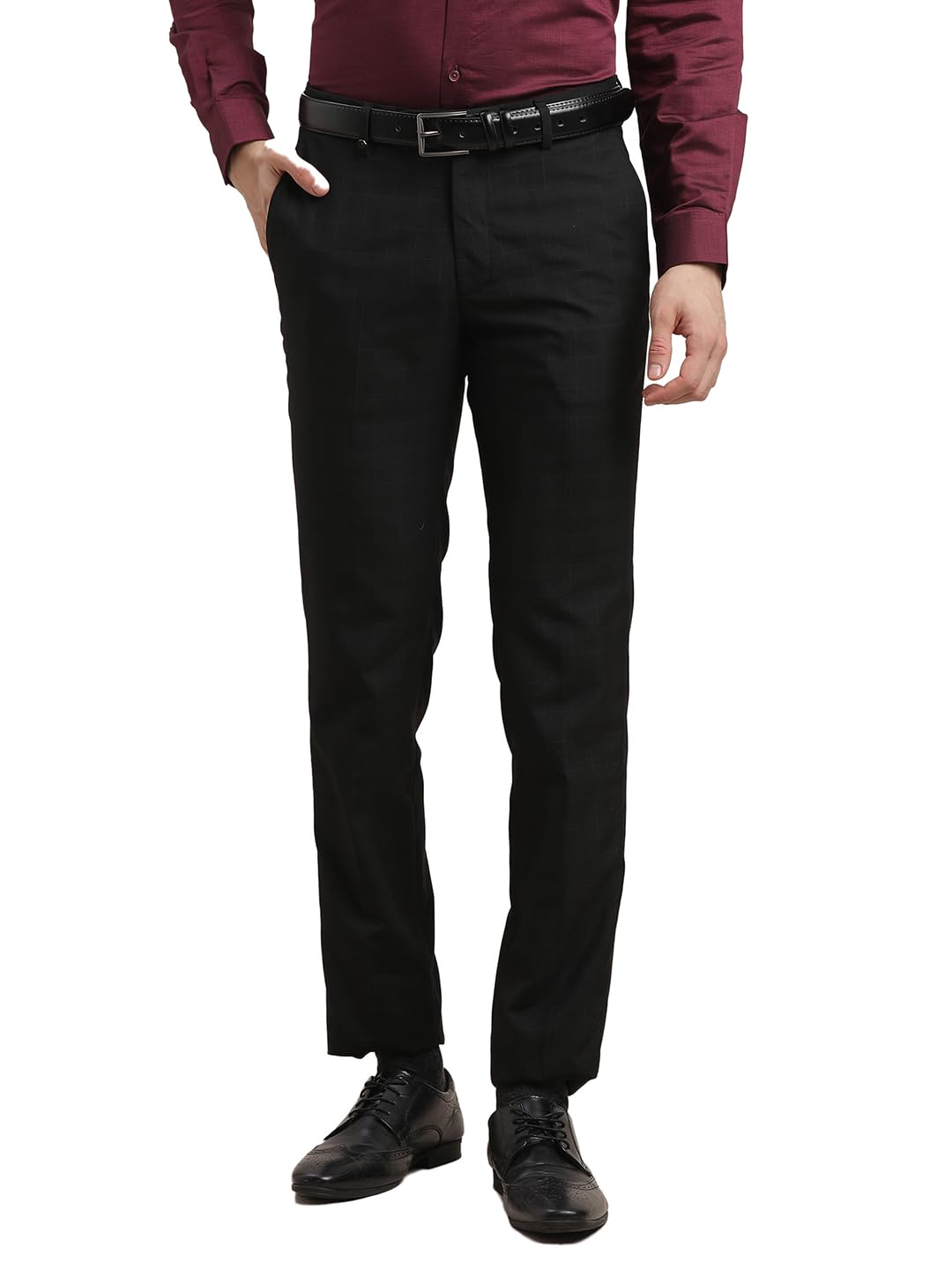 Turtle Men Poly Viscose Stretch Checkered Slim Fit Black Formal Trouser