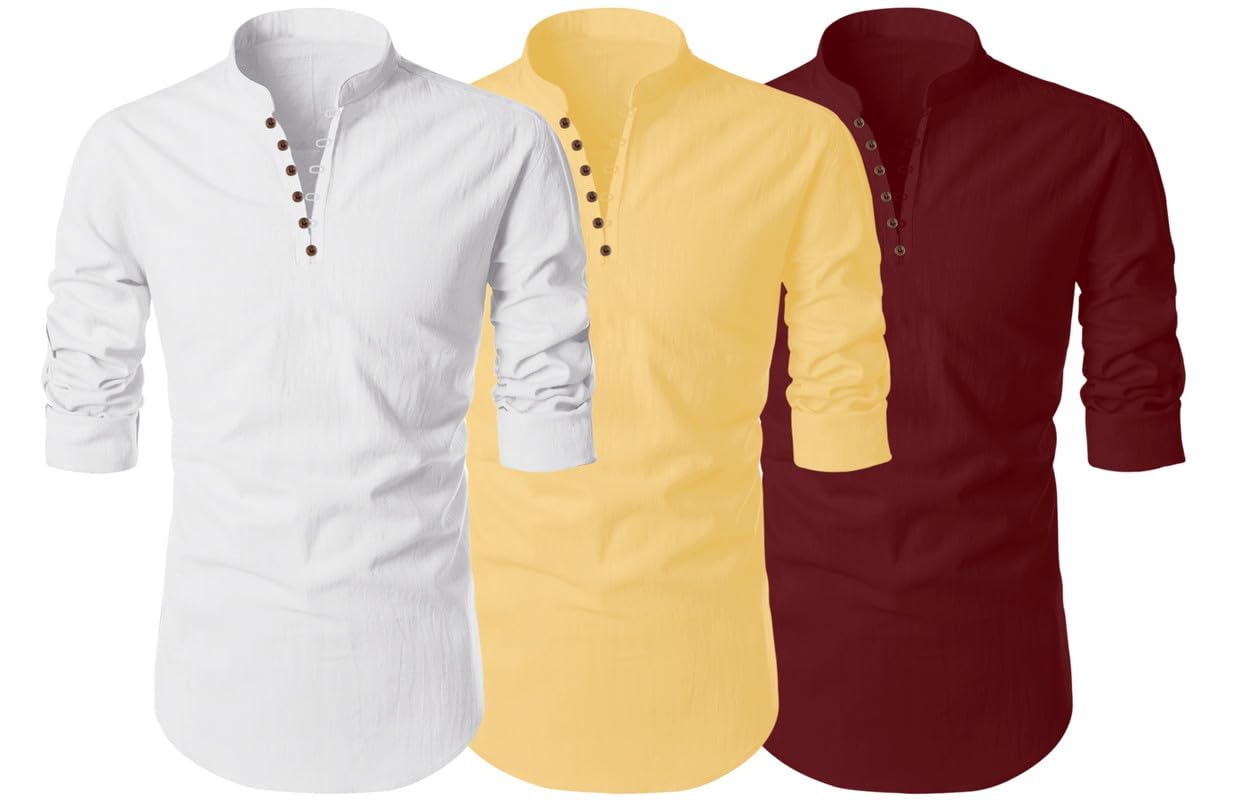 Finivo Fashion MenS Cotton Blend Regular Fit Solid Casual Kurta Shirt Pack Of 3