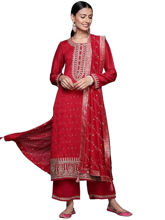 Libas Womens Embroidered Silk Blend Straight Kurta With Palazzos And Dupatta