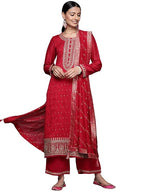 Libas Womens Embroidered Silk Blend Straight Kurta With Palazzos And Dupatta