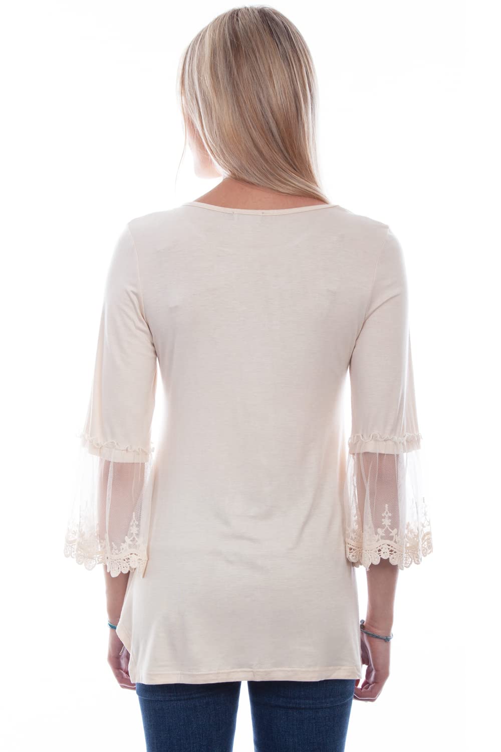 SOLID TOP W/TULLE CROCHET SLEEVES