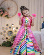 Naixa GirlS Satin Sleeveless Round Neck Pink Shrug With Multicolor Ethnic Printed Readymade Lehenga Choli Set For Every Occasio