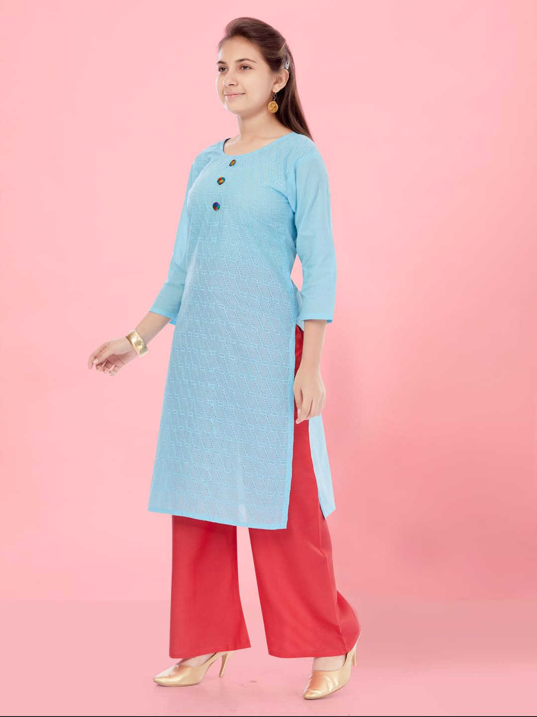 Aarika Girls Firozi Colour Cotton Embroidery Kurti (KURTI-K-181-FIROZI-30)