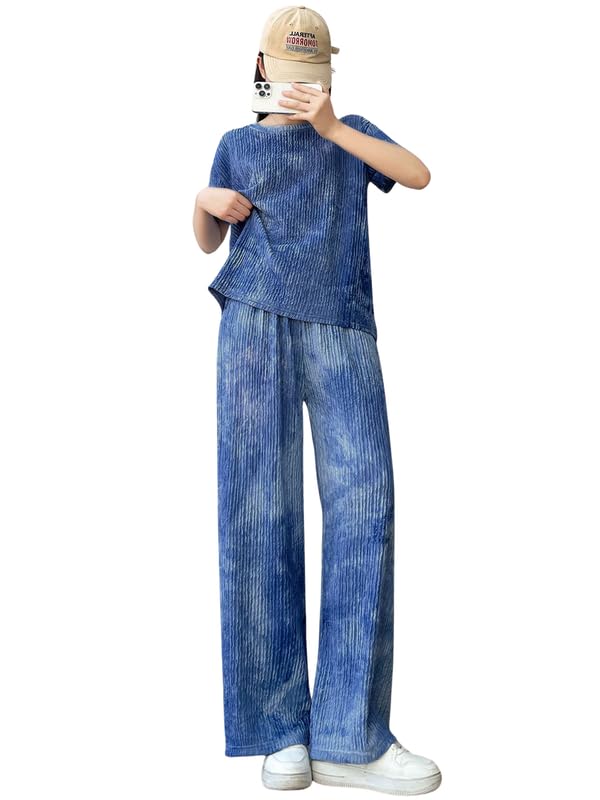 Womens Cotton Blend Tie-dye Relaxed Fit Stylish Pajama Sets || Short Sleeve Top & Long Pant Sleepwear Pjs Lounge Set Co-ords Ou