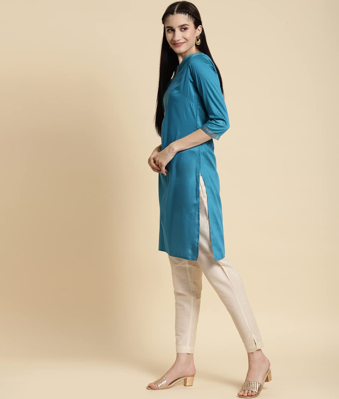 Rangita Teal Polyester Knee Length Solid Straight Kurti For Women | Kurta For Women