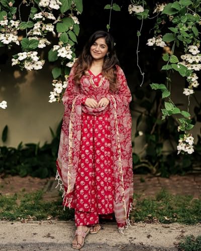 ANNI DESIGNER Womens Rayon Blend Anarkali Printed Kurta with Pant & Dupatta (OOH Red_XXL_Red_XX-Large)