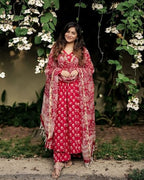 ANNI DESIGNER Womens Rayon Blend Anarkali Printed Kurta with Pant & Dupatta (OOH Red_XXL_Red_XX-Large)
