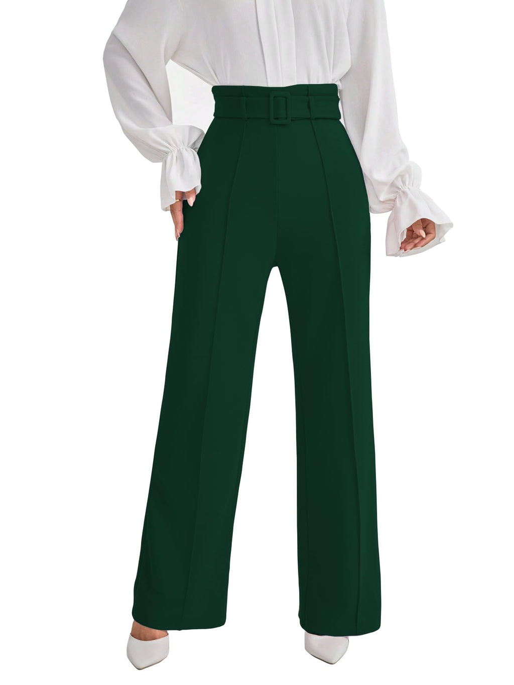 Shasmi Womens Dark Green Solid Color High Waisted Belted Toothpick Stripe Design Straight Loose Casual Women Pants, Minimalist 