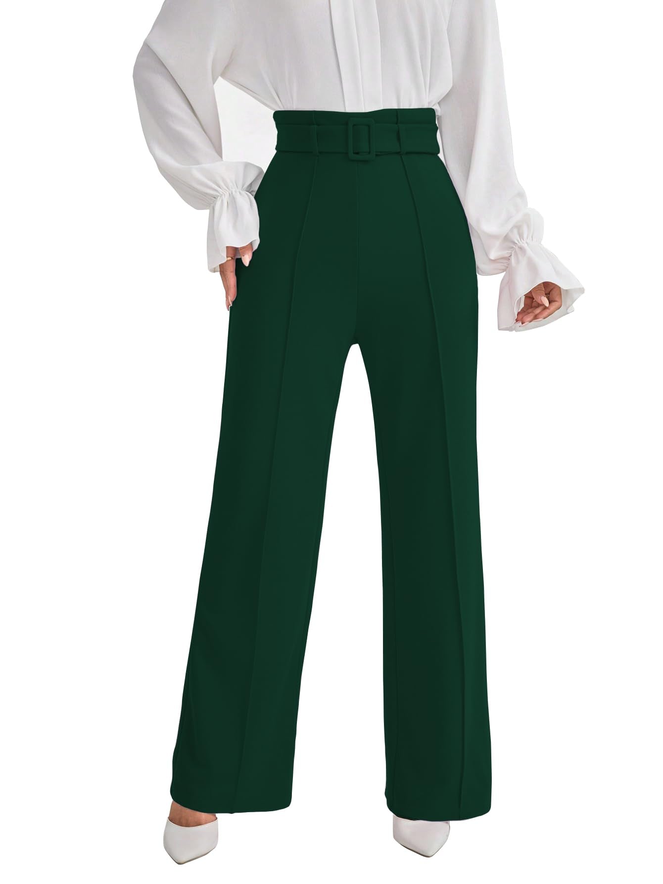 Shasmi Womens Dark Green Solid Color High Waisted Belted Toothpick Stripe Design Straight Loose Casual Women Pants, Minimalist 