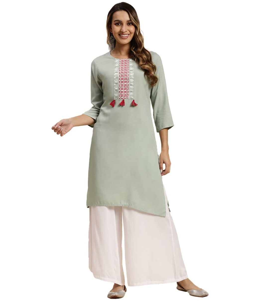 Rangita Mint Green Rayon Knee Length Embroidered Straight Kurti For Women | Kurta For Women_L