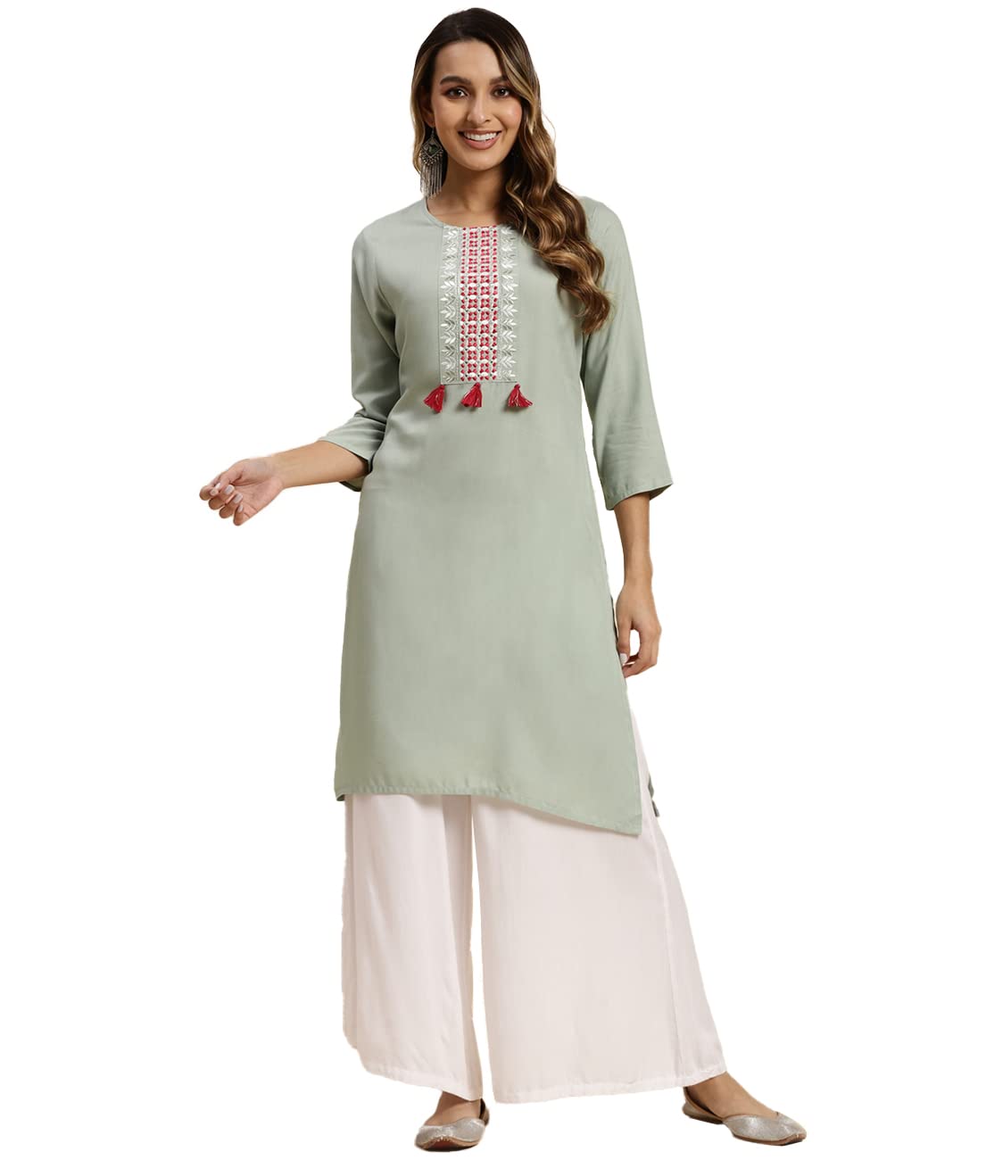 Rangita Mint Green Rayon Knee Length Embroidered Straight Kurti For Women | Kurta For Women_L