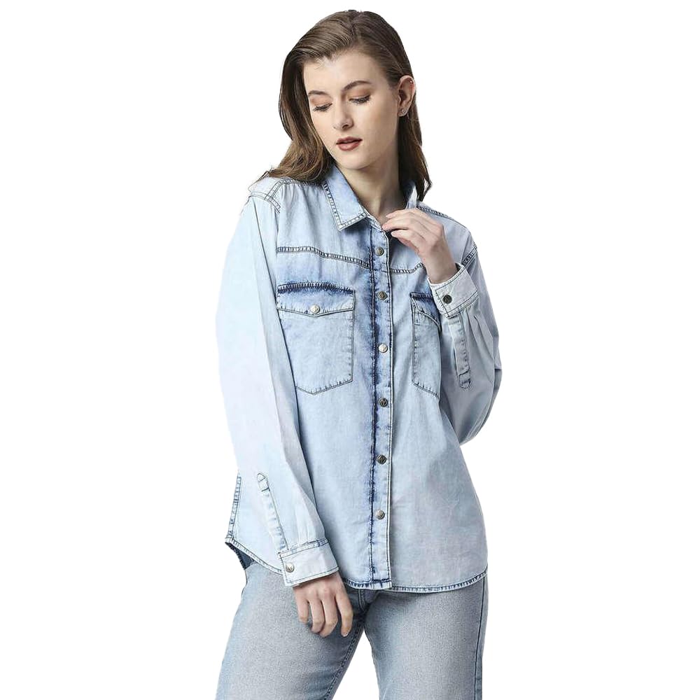 Pepe Jeans Solid Cotton Collar Neck WomenS Shirt (Blue, Small)