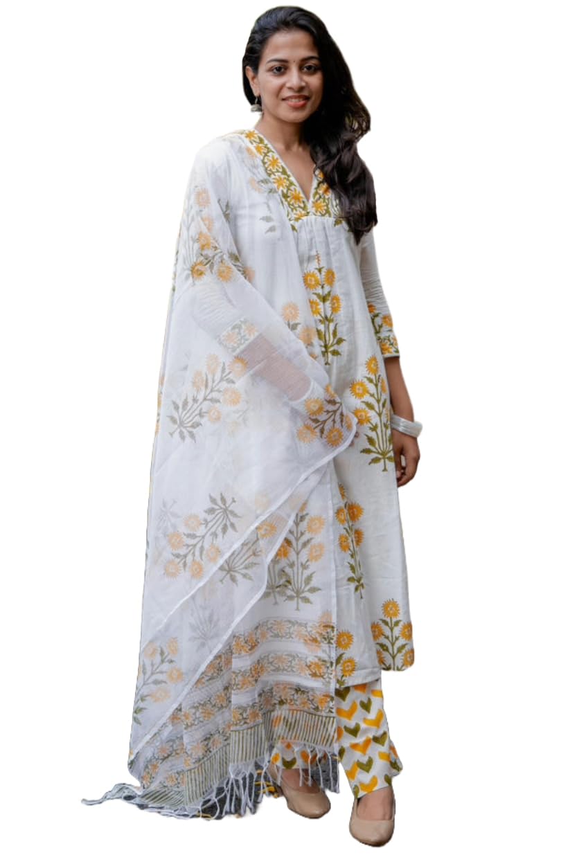 ANNI DESIGNER Womens Rayon Viscose Printed Straight Kurta with Pant & Dupatta (Medal White_S_White_Small)