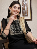 Sanisa Women'S Rayon Blend & Georgette Foil Printed Straight Kurta With Pant And Plain Dupatta