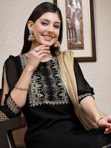 Sanisa Women'S Rayon Blend & Georgette Foil Printed Straight Kurta With Pant And Plain Dupatta