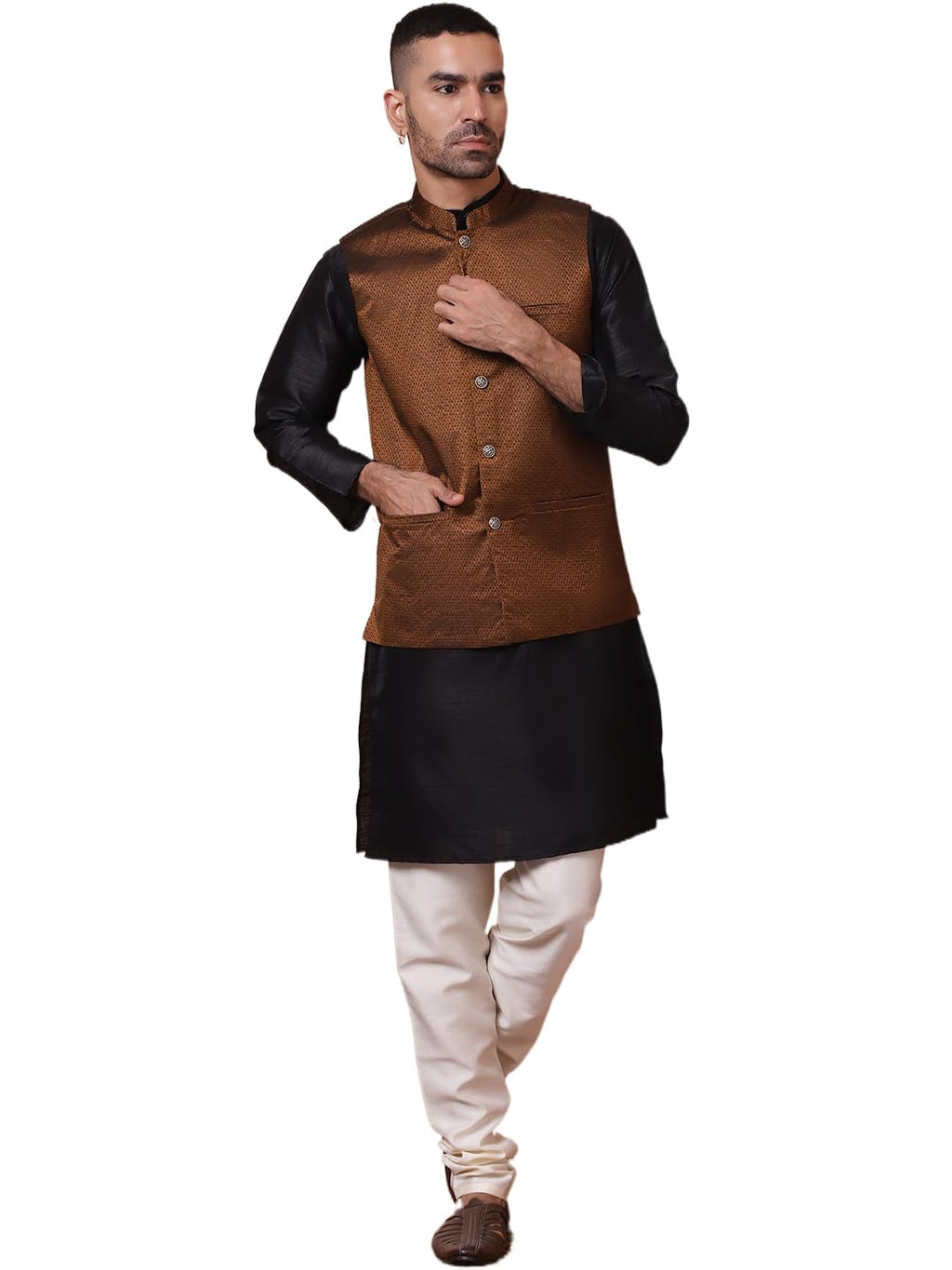 Jompers Mens Woven Design Nehru Jacket With Solid Kurta Pyjama Set