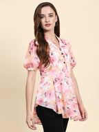 Toochki Womens Pink Georgette Floral Peplum Western Top | Winter Top | Western Top | Top for Women | Latest Women Top | Trendy