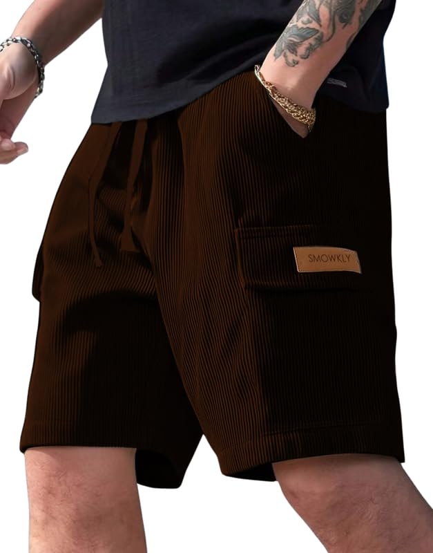SMOWKLY Authentics Classic Mens Ribbed Polycotton Relaxed Fit Cargo Stretch Shorts || Half Pant with Drawstring & 4 Pockets || 