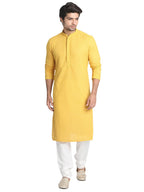 Manyavar Mens Blended Cotton Embroidered Casual, Traditional Full Sleeves Kurta Payjama Set (Mustard, XXL)