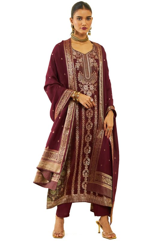 Soch Women Brocade Floral Woven Straight Suit Set with Dupatta