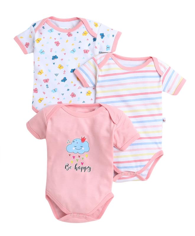 BUMZEE Peach & White Girls Half Sleeves Bodysuit Pack Of 3 Age - New Born (Peb9442A-pch.wht)