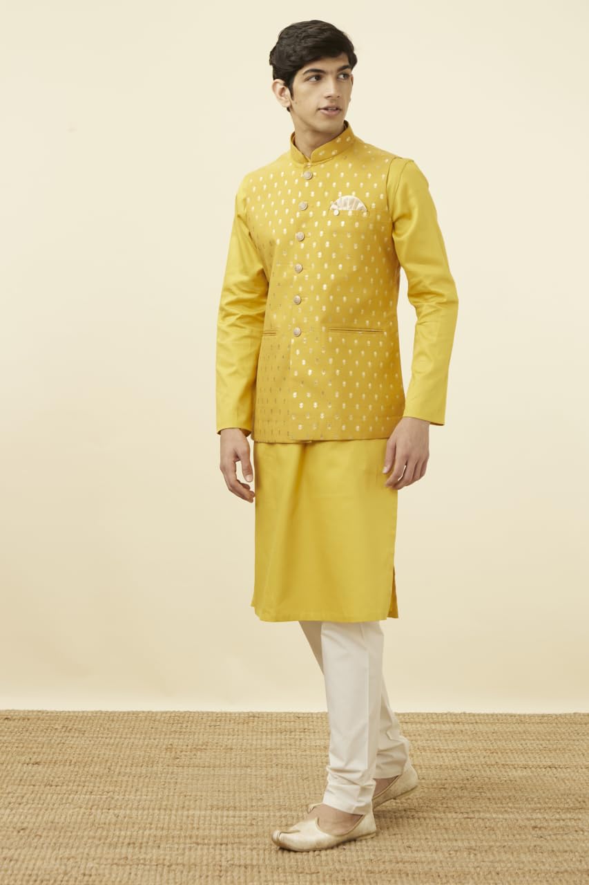 Manyavar Mens Chanderi Self Design Sleeveless Casual,Traditional Nehru Jacket
