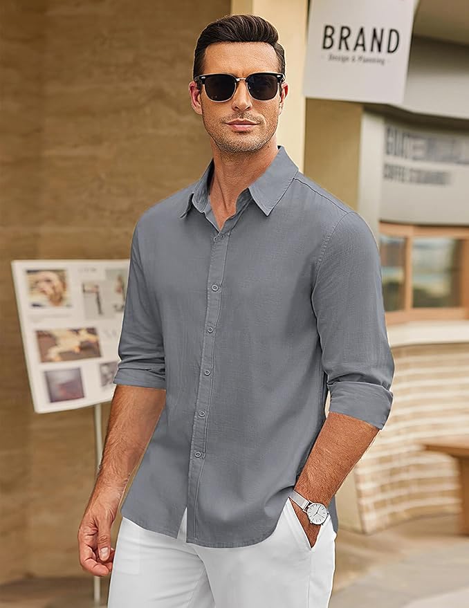 CB-COLEBROOK Mens Long Sleeve Button Down Shirts Casual Cotton Linen Shirts Summer Beach Shirt for Mens Top (in, Alpha, M, Regu