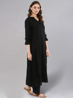 idaLia Rayon Solid A-Line Black Kurta Set for Women Stylish Boat Neck Design Kurta Set with Pant