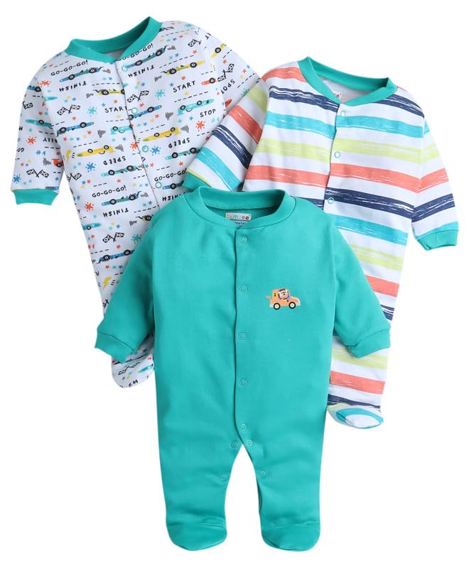 BUMZEE Green & White Baby Boys Full Sleeves Sleepsuit Pack of 3 Age - New Born (Peb10045A-grn)
