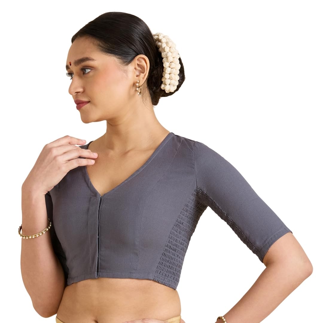 Studio Shringaar WomenS Thick Handloom Cotton Plain Side Stretch (Smocked) Readymade Saree Blouse (Grey, 36) 36